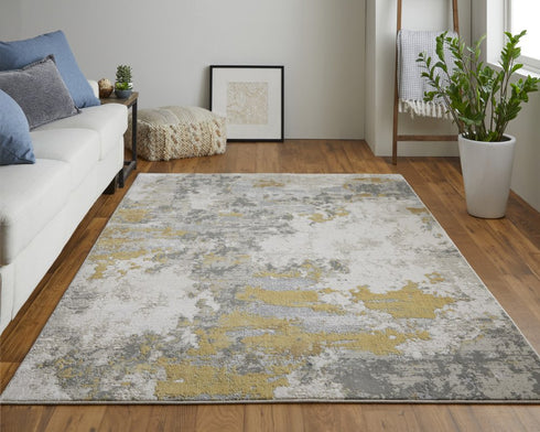 8' X 11' Ivory Gray And Gold Abstract Area Rug