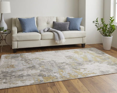 8' X 11' Ivory Gray And Gold Abstract Area Rug