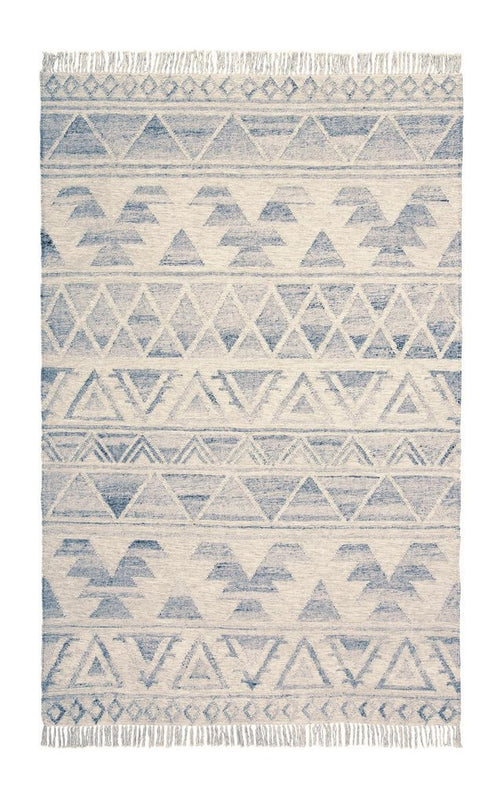 9' X 12' Blue and Ivory Wool Geometric Flatweave Handmade Area Rug With Fringe