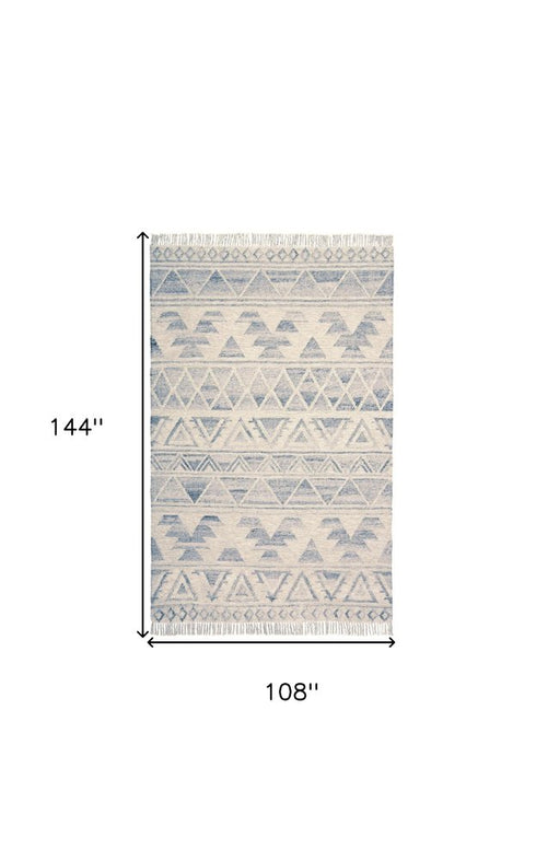 9' X 12' Blue and Ivory Wool Geometric Flatweave Handmade Area Rug With Fringe