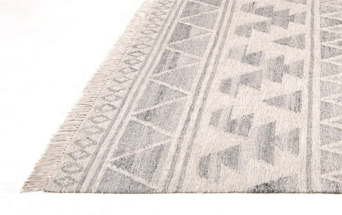 9' X 12' Blue and Ivory Wool Geometric Flatweave Handmade Area Rug With Fringe
