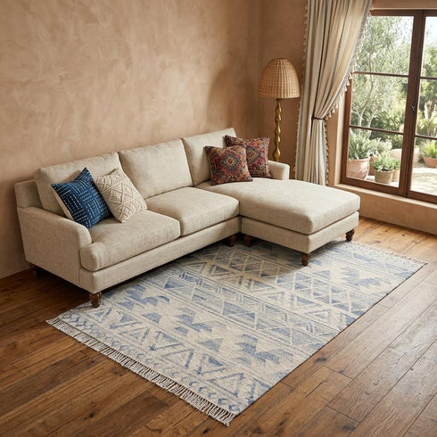 9' X 12' Blue and Ivory Wool Geometric Flatweave Handmade Area Rug With Fringe