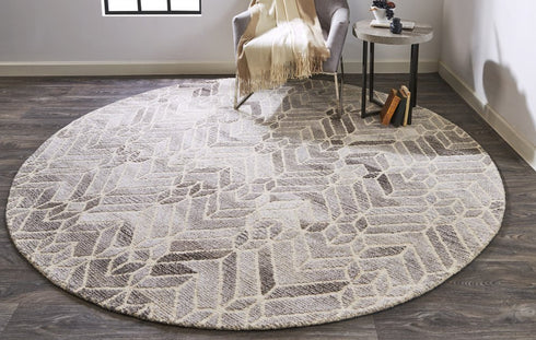 8' Gray and Ivory Round Wool Geometric Hand Tufted Area Rug