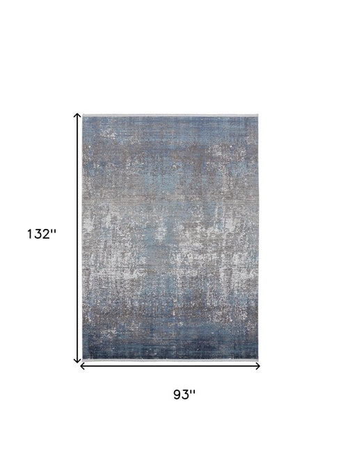 8' X 11' Blue Gray And Silver Abstract Power Loom Distressed Area Rug With Fringe
