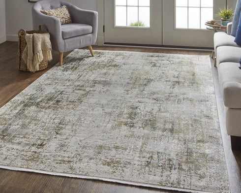 8' X 11' Green Gray And Ivory Abstract Area Rug With Fringe