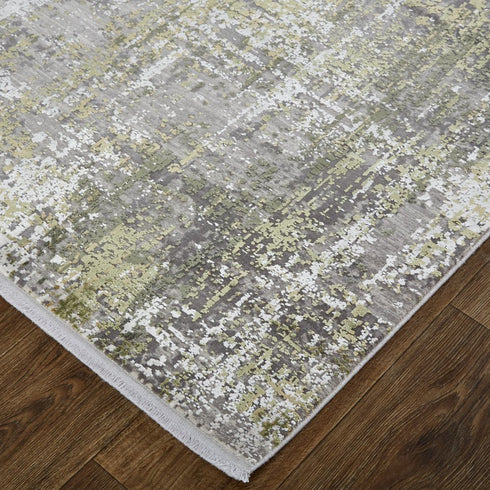 8' X 11' Green Gray And Ivory Abstract Area Rug With Fringe