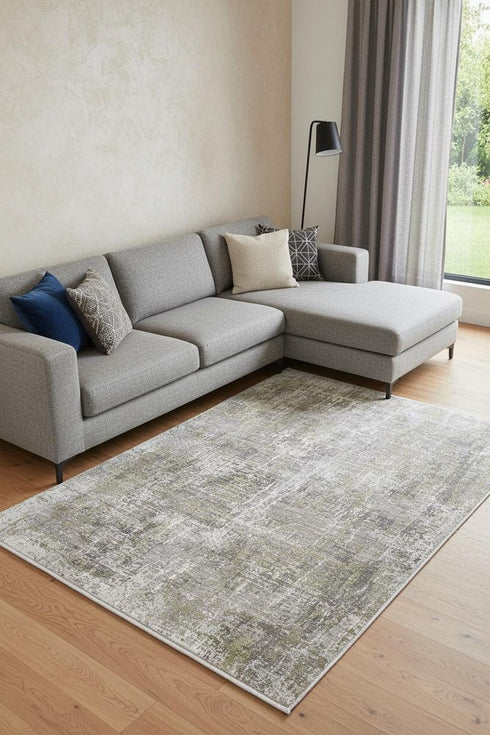 8' X 11' Green Gray And Ivory Abstract Area Rug With Fringe