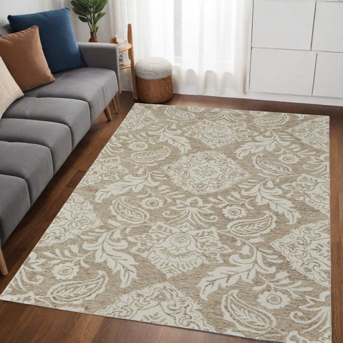 9' X 12' Tan And Ivory Wool Paisley Tufted Handmade Stain Resistant Area Rug