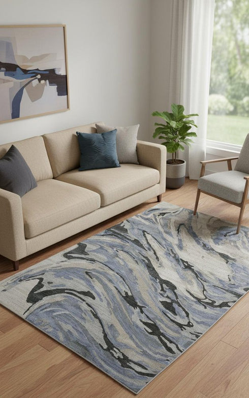 5' X 8' Blue Gray And Taupe Abstract Tufted Handmade Area Rug