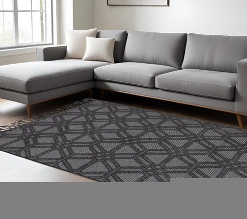8' X 10' Black and Gray Wool Geometric Hand Woven Area Rug With Fringe