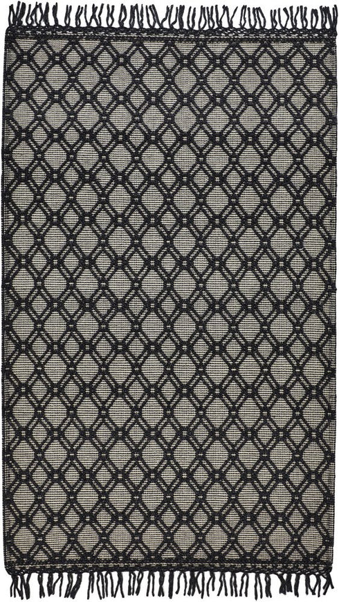8' X 10' Black And Ivory Wool Geometric Hand Woven Area Rug With Fringe