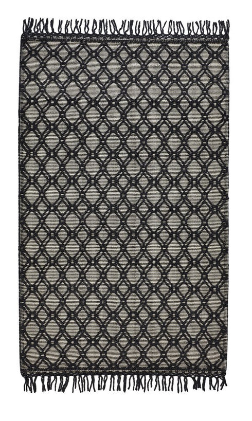 8' X 10' Black And Ivory Wool Geometric Hand Woven Area Rug With Fringe