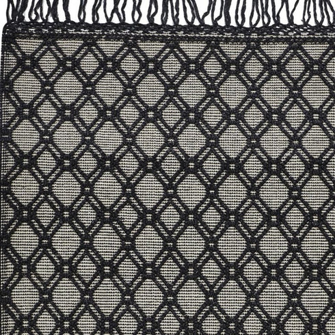 8' X 10' Black And Ivory Wool Geometric Hand Woven Area Rug With Fringe