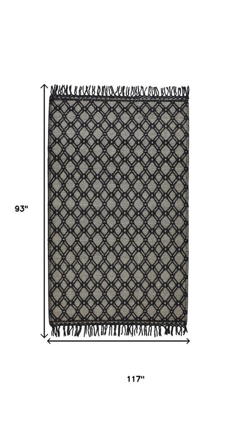 8' X 10' Black And Ivory Wool Geometric Hand Woven Area Rug With Fringe