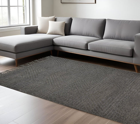 8' X 10' Tan and Ivory Wool Geometric Hand Woven Area Rug With Fringe
