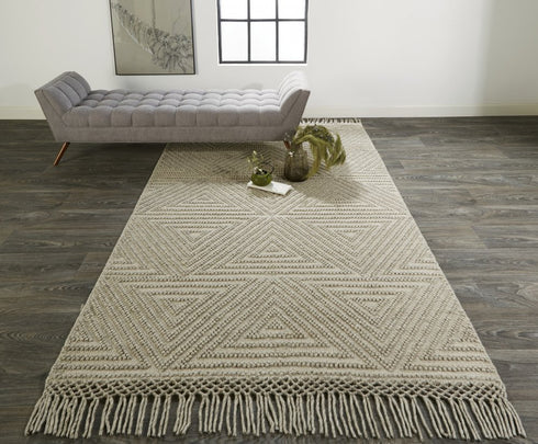 8' X 10' Tan and Ivory Wool Geometric Hand Woven Area Rug With Fringe
