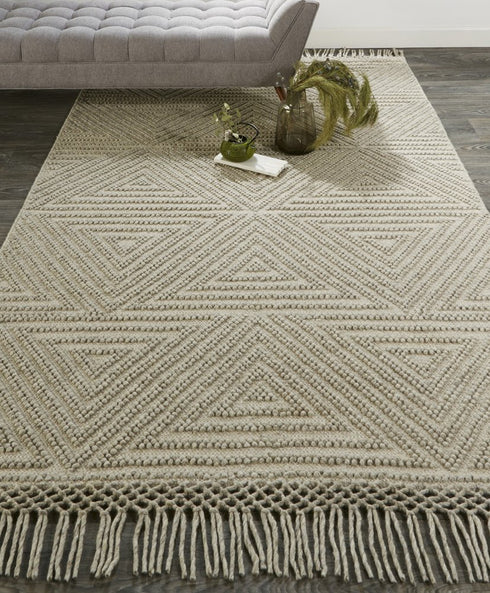 8' X 10' Tan and Ivory Wool Geometric Hand Woven Area Rug With Fringe