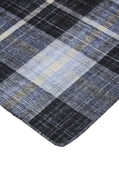 8' X 10' Black Blue And White Abstract Hand Woven Stain Resistant Area Rug