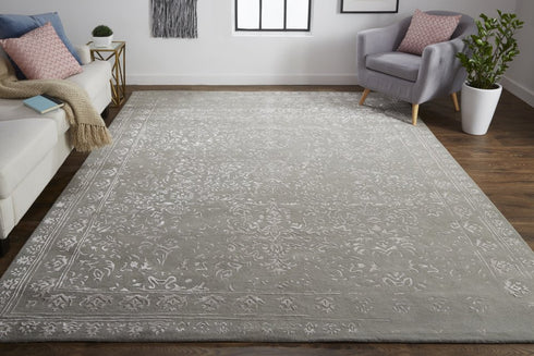 9' X 12' Gray Taupe And Silver Wool Floral Tufted Handmade Distressed Area Rug