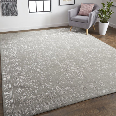 9' X 12' Gray Taupe And Silver Wool Floral Tufted Handmade Distressed Area Rug