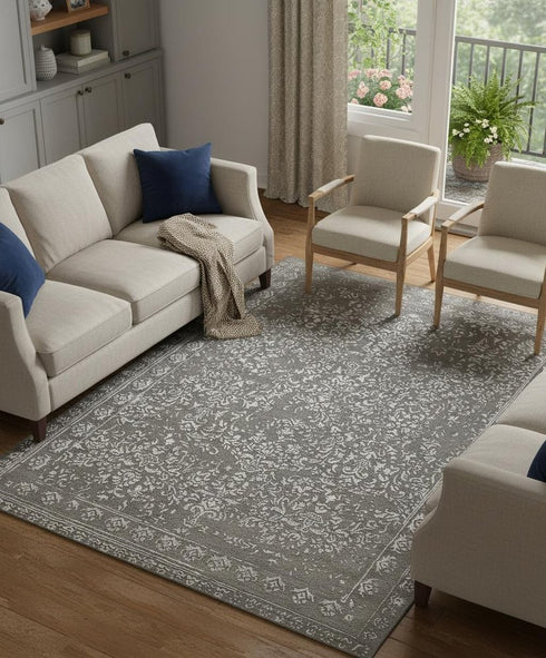 9' X 12' Gray Taupe And Silver Wool Floral Tufted Handmade Distressed Area Rug