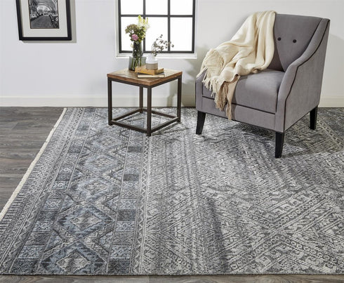 8' X 10' Gray Ivory And Blue Geometric Hand Knotted Area Rug