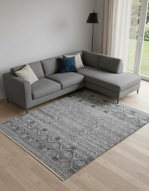 8' X 10' Gray Ivory And Blue Geometric Hand Knotted Area Rug