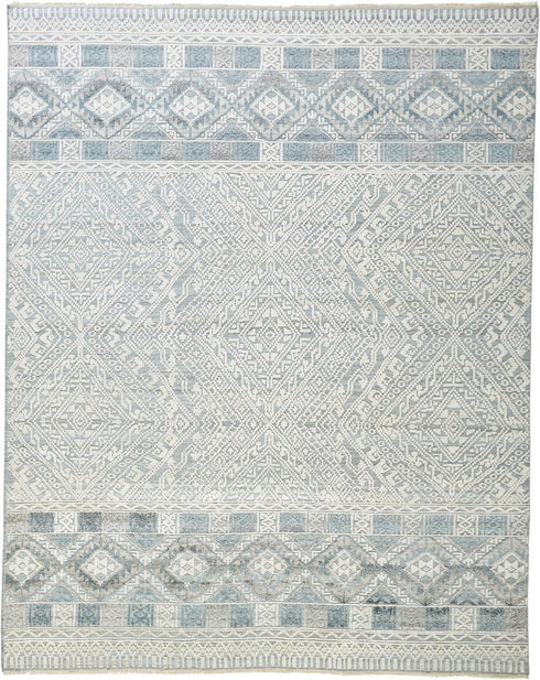 8' X 10' Ivory Blue And Gray Geometric Hand Knotted Area Rug