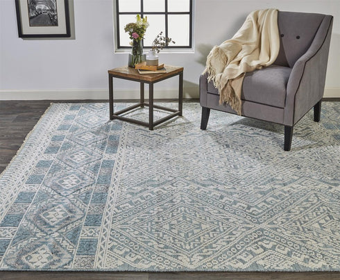 8' X 10' Ivory Blue And Gray Geometric Hand Knotted Area Rug