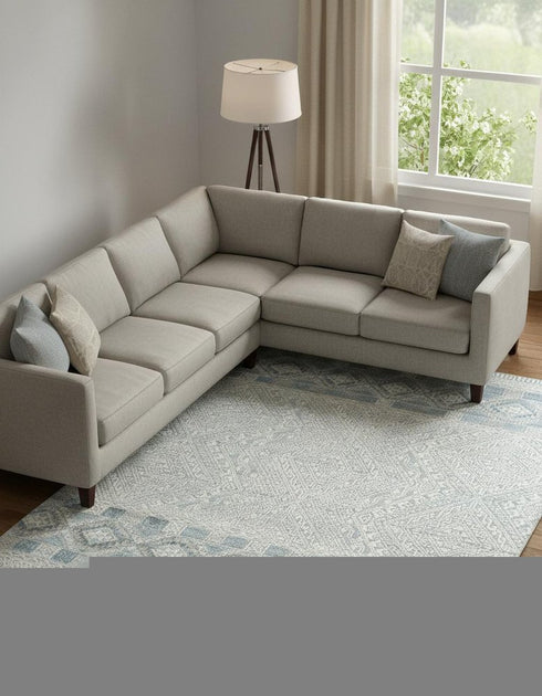 8' X 10' Ivory Blue And Gray Geometric Hand Knotted Area Rug