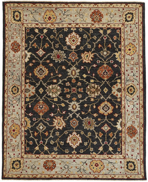 5' X 8' Black And Gold Wool Oriental Hand Knotted Area Rug With Fringe