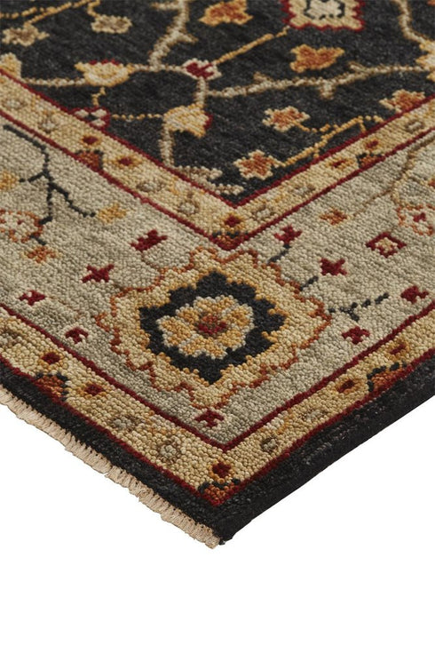 5' X 8' Black And Gold Wool Oriental Hand Knotted Area Rug With Fringe