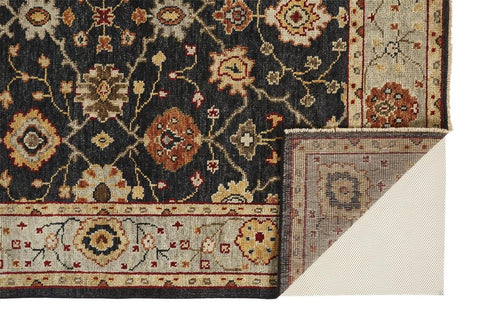 5' X 8' Black And Gold Wool Oriental Hand Knotted Area Rug With Fringe