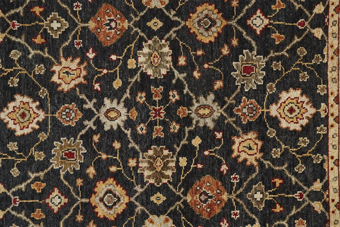 5' X 8' Black And Gold Wool Oriental Hand Knotted Area Rug With Fringe