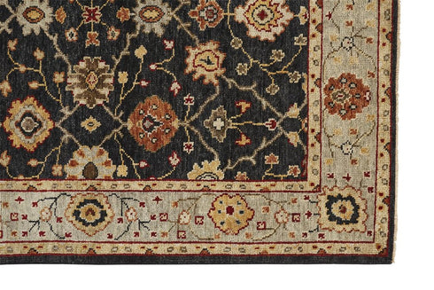 5' X 8' Black And Gold Wool Oriental Hand Knotted Area Rug With Fringe