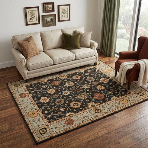 5' X 8' Black And Gold Wool Oriental Hand Knotted Area Rug With Fringe