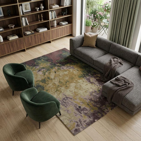 9' X 12' Green and Black Wool Abstract Shag Hand Tufted Area Rug