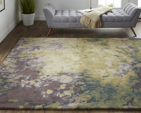 9' X 12' Green and Black Wool Abstract Shag Hand Tufted Area Rug