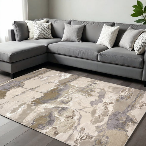 9' X 12' Ivory Brown And Gray Abstract Area Rug