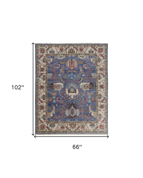 5' X 8' Blue And Red Wool Floral Hand Knotted Stain Resistant Area Rug