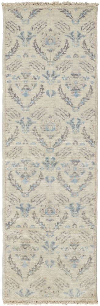 8' Gray and Ivory Wool Floral Hand Knotted Runner Rug With Fringe