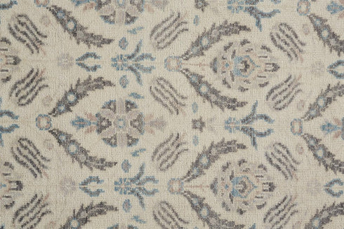 8' Gray and Ivory Wool Floral Hand Knotted Runner Rug With Fringe
