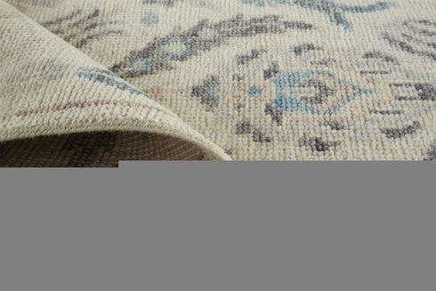 8' Gray and Ivory Wool Floral Hand Knotted Runner Rug With Fringe