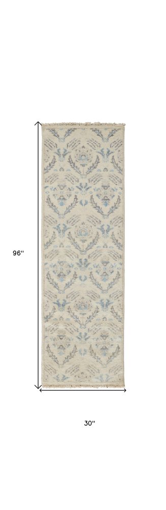 8' Gray and Ivory Wool Floral Hand Knotted Runner Rug With Fringe