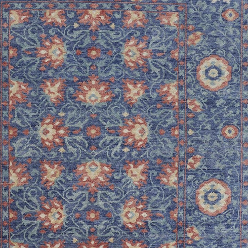 8' X 10' Blue And Red Wool Floral Hand Knotted Stain Resistant Area Rug