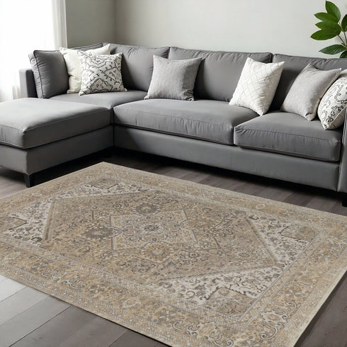 8' X 10' Brown And Ivory Medallion Distressed Area Rug