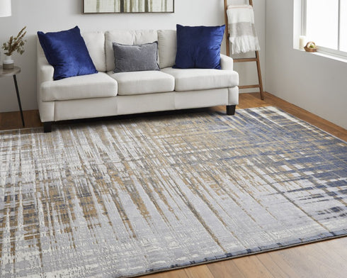 9' X 12' Blue Orange And Gray Abstract Area Rug