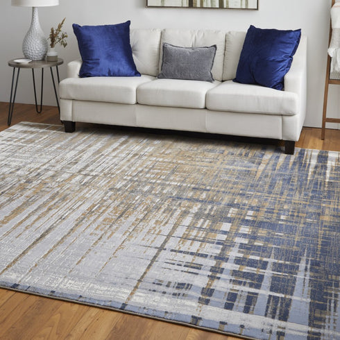 9' X 12' Blue Orange And Gray Abstract Area Rug
