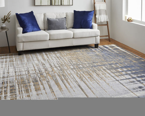 9' X 12' Blue Orange And Gray Abstract Area Rug