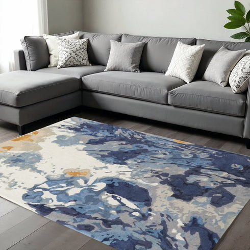 9' X 12' Blue Copper And Ivory Wool Floral Hand Tufted Area Rug